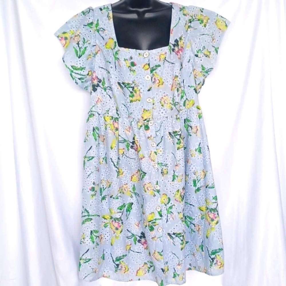 Adyson Parker Floral Embroidered Eyelet Square Neck Button Down Dress, Powder Bl